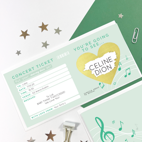 Mint Green Concert ticket scratch off card. Surprise concert gift template for experience reveal to family and friends, printed and shipped from Ireland