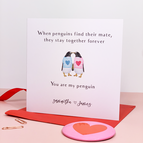 Personalised penguin greeting card for Valentine's Day, anniversary or just because. Forever love card printed and shipped from Ireland
