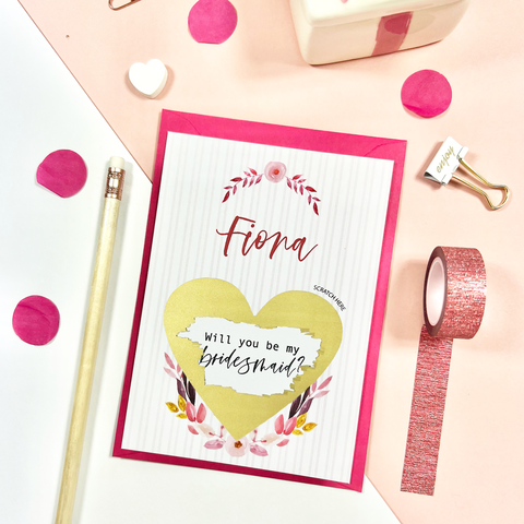 Pink Stripes and flowers bridesmaid proposal scratch off card with gold heart scratch sticker. Perfect to include in a bridesmaid proposal box of gift. Printed and shipped from Ireland. 