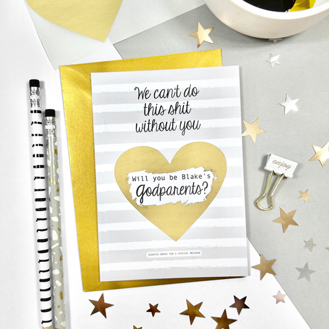 Funny godparents proposal scratch card with simple grey stripes design, personalised with baby's name, ideal to include in a proposal box or gift. Printed and shipped from Ireland