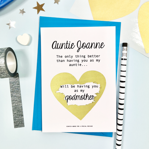 Godmother proposal scratch off card with simple design and cursive font, perfect to include in a proposal box or gift for the godmother. Printed and shipped from Ireland
