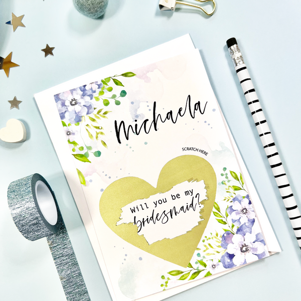 Blue Flowers Watercolor bridesmaid proposal scratch off card with gold heart scratch sticker. Perfect to include in a bridesmaid proposal box of gift. Printed and shipped from Ireland. 