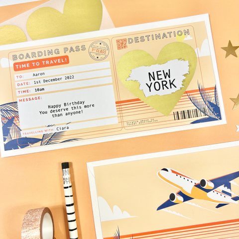 Tropical style boarding pass scratch card for surprise trip reveal holiday destination