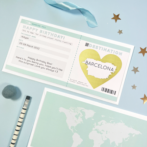 Modern and simple boarding pass scratch card for surprise trip reveal and holiday destination announcement