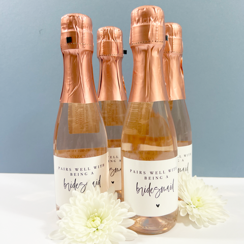 Pairs well with being a bridesmaid mini champagne or prosecco labels for proposal box or gift. Simple design with small heart for maid of honour bottle proposal