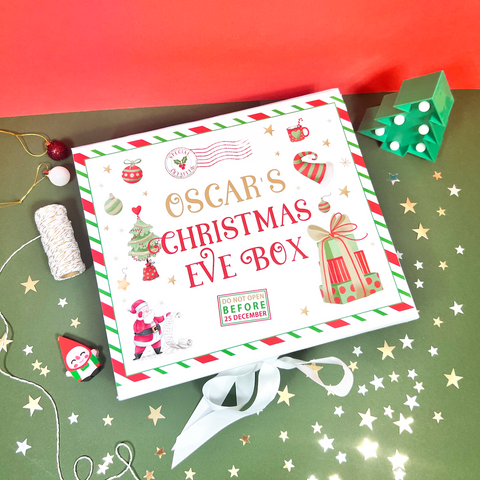 Personalised empty Christmas Eve gift box, with a traditional Xmas design. Made in Ireland