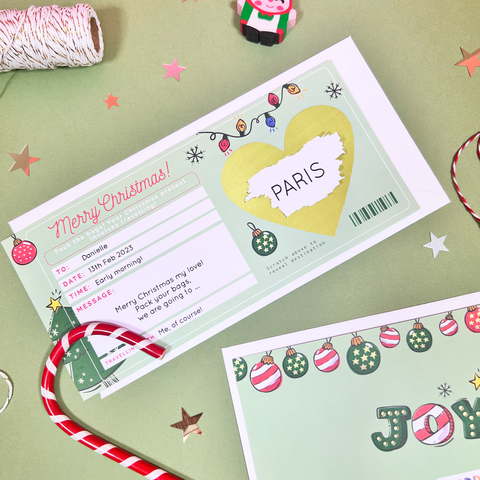 Personalised Christmas boarding pass scratch card for surprise trip reveal