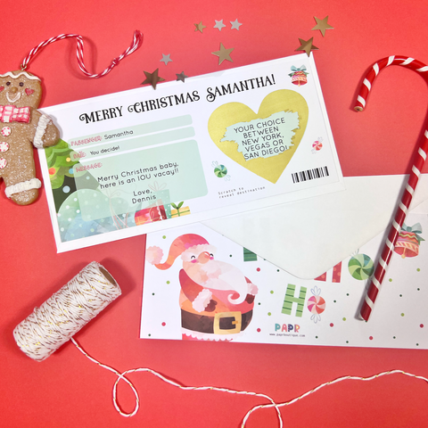 Personalised Christmas boarding pass scratch card, with Santa Claus and Christmas tree watercolor design. The best idea to reveal a surprise trip with a fake plane ticket