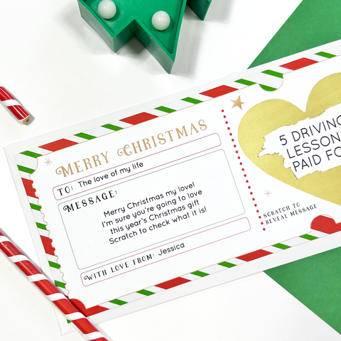 Scratch Off Christmas Voucher with red and green festive design. Fun and unique way to reveal a surprise gift or message with family & friends