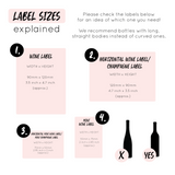 Label sizes explained for wine and champagne bottles, includes standard and mini bottle information