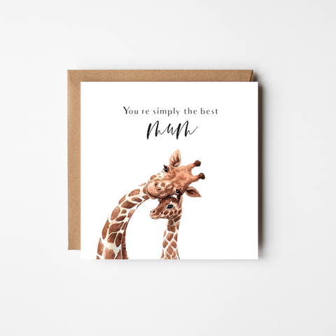 Personalised Mother's Day greeting card featuring cute hand drawn illustration of a mom and baby giraffe. Printed and shipped from Ireland