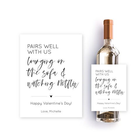 Netflix & chilling on the sofa personalised Valentine's Day label for wine bottles